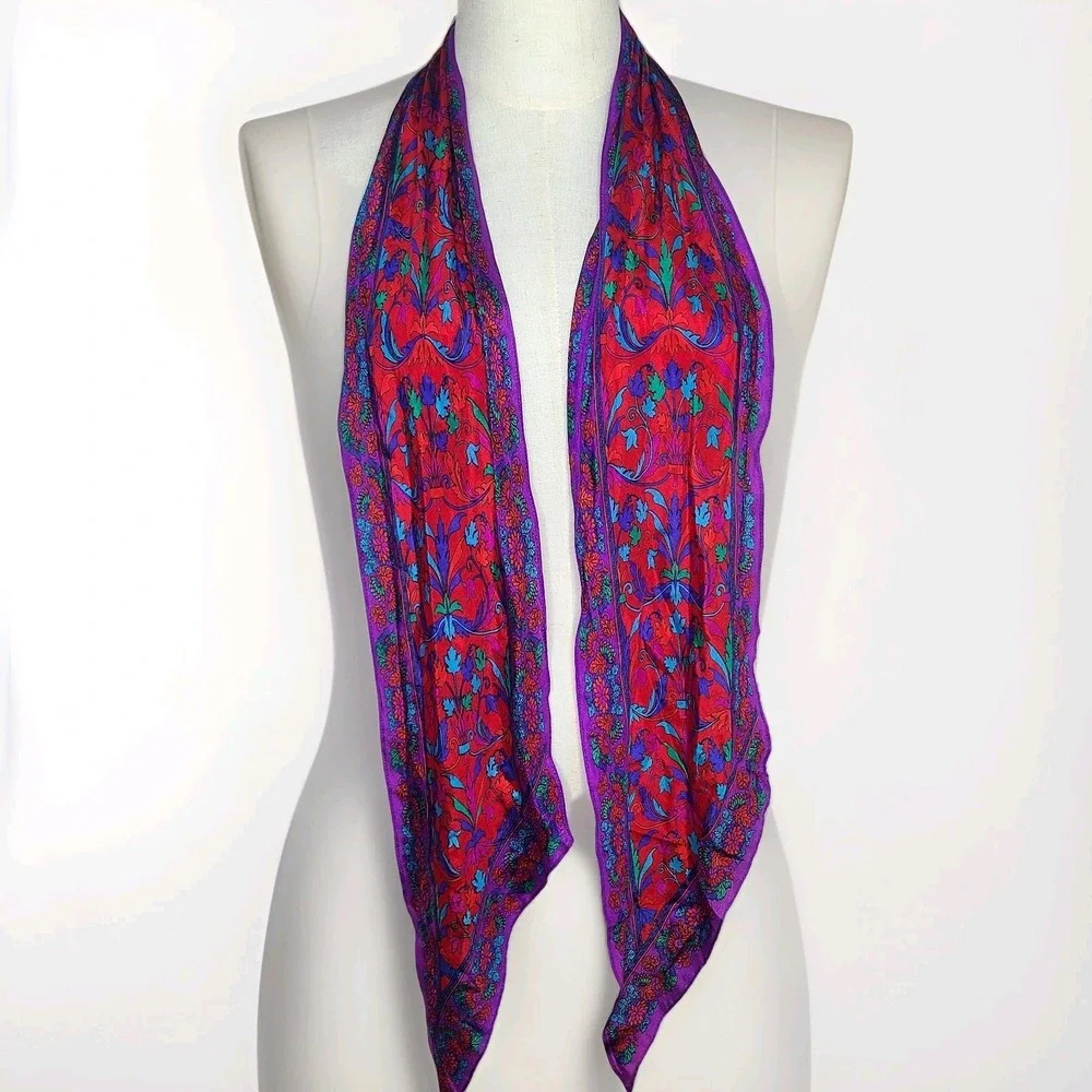 Vintage‎ Liz Claiborne Silk Scarf Purple Red Floral Skinny Pointed End 9